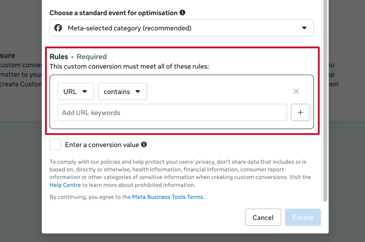 Meta Ads Manager custom conversion rule setup screen